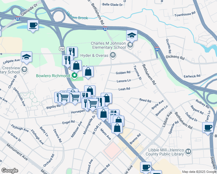 map of restaurants, bars, coffee shops, grocery stores, and more near 2302 Leah Road in Richmond