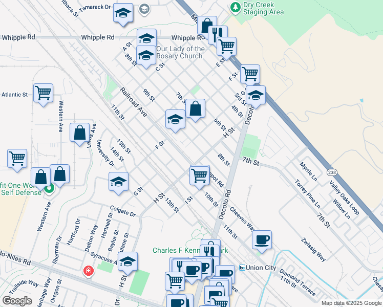 map of restaurants, bars, coffee shops, grocery stores, and more near 918 G Street in Union City