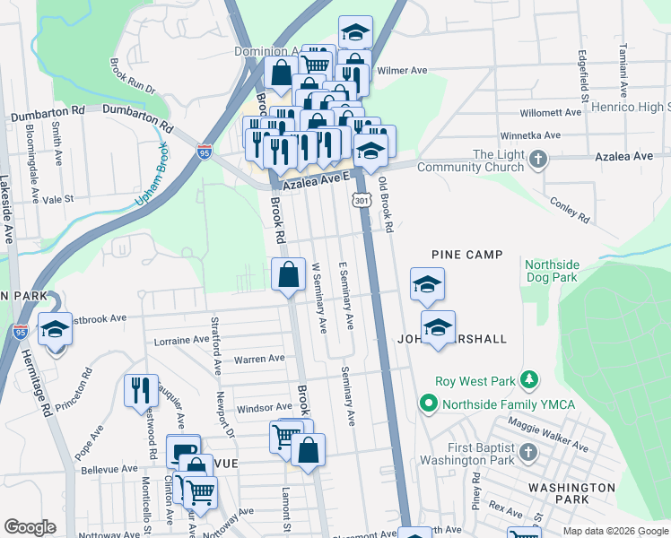 map of restaurants, bars, coffee shops, grocery stores, and more near 4804 East Seminary Avenue in Richmond