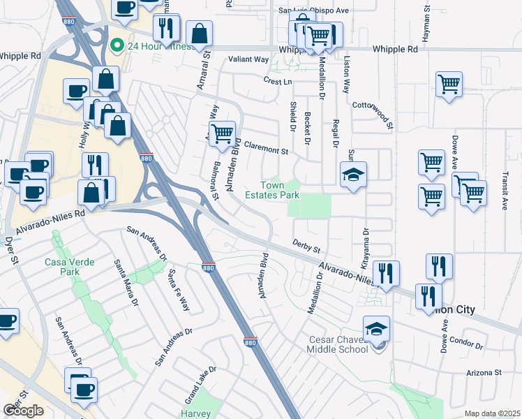 map of restaurants, bars, coffee shops, grocery stores, and more near 2435 Almaden Boulevard in Union City