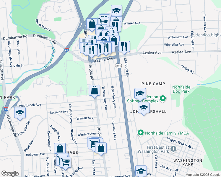 map of restaurants, bars, coffee shops, grocery stores, and more near 4814 East Seminary Avenue in Richmond