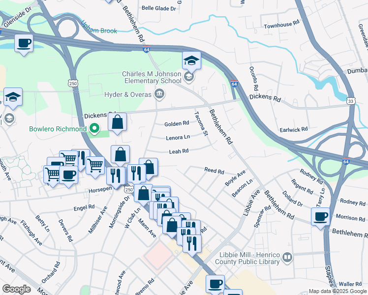 map of restaurants, bars, coffee shops, grocery stores, and more near 2326 Leah Road in Richmond