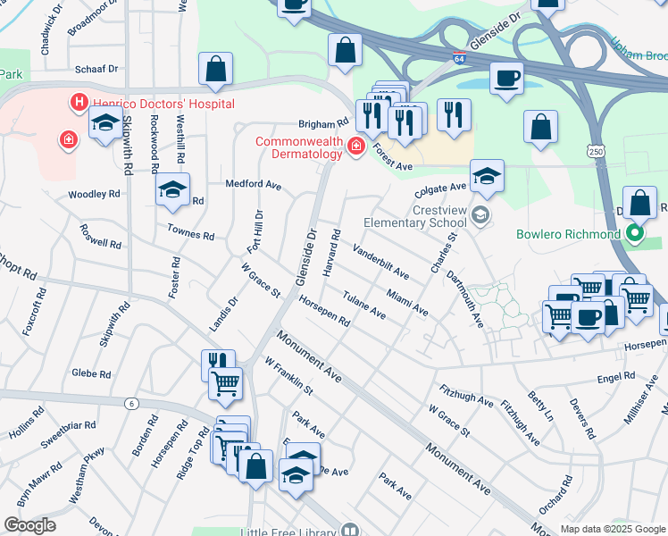 map of restaurants, bars, coffee shops, grocery stores, and more near 7017 Miami Avenue in Richmond