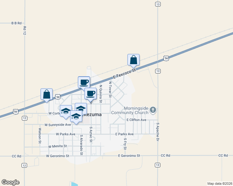 map of restaurants, bars, coffee shops, grocery stores, and more near 300 North Tovar Street in Montezuma