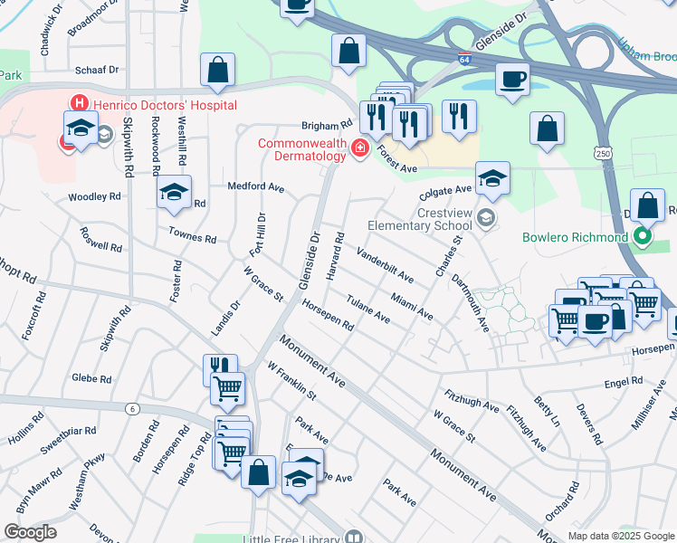 map of restaurants, bars, coffee shops, grocery stores, and more near 7017 Miami Avenue in Richmond