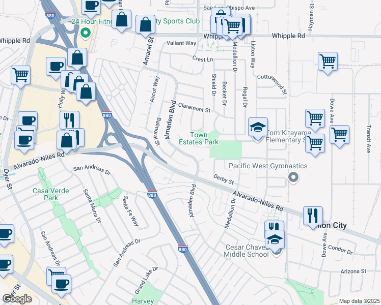 map of restaurants, bars, coffee shops, grocery stores, and more near 2435 Almaden Boulevard in Union City