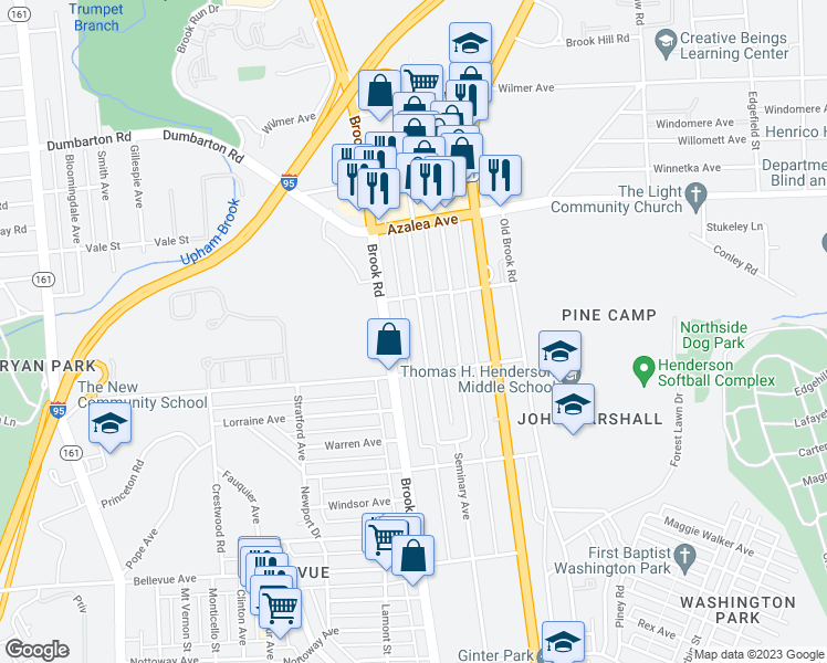 map of restaurants, bars, coffee shops, grocery stores, and more near 4816 West Seminary Avenue in Richmond