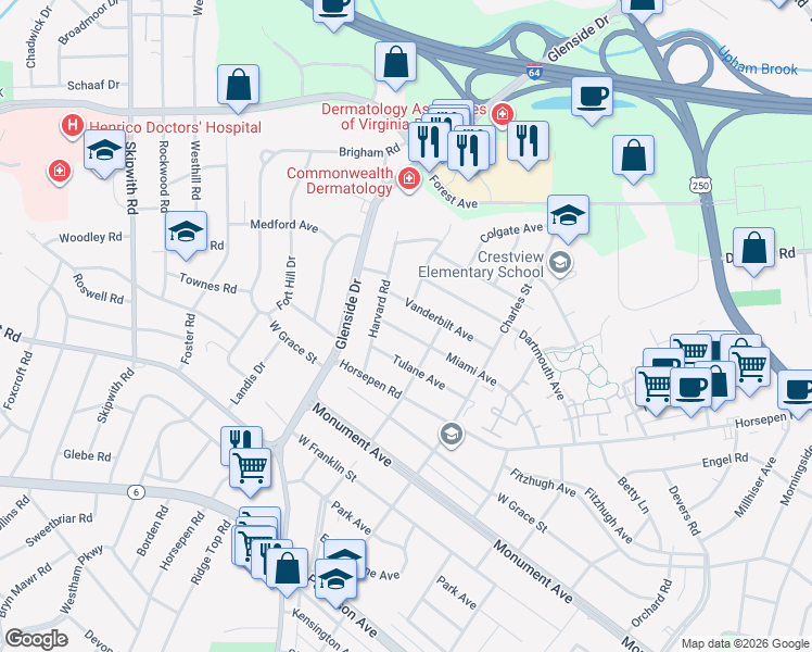 map of restaurants, bars, coffee shops, grocery stores, and more near 7010 Tulane Avenue in Richmond