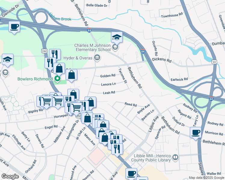 map of restaurants, bars, coffee shops, grocery stores, and more near 2326 Leah Road in Richmond