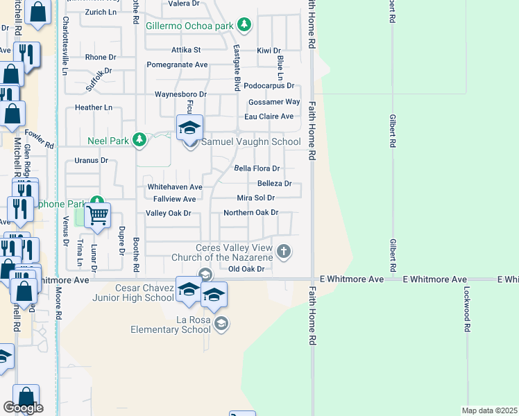 map of restaurants, bars, coffee shops, grocery stores, and more near 3875 Mira Sol Drive in Ceres