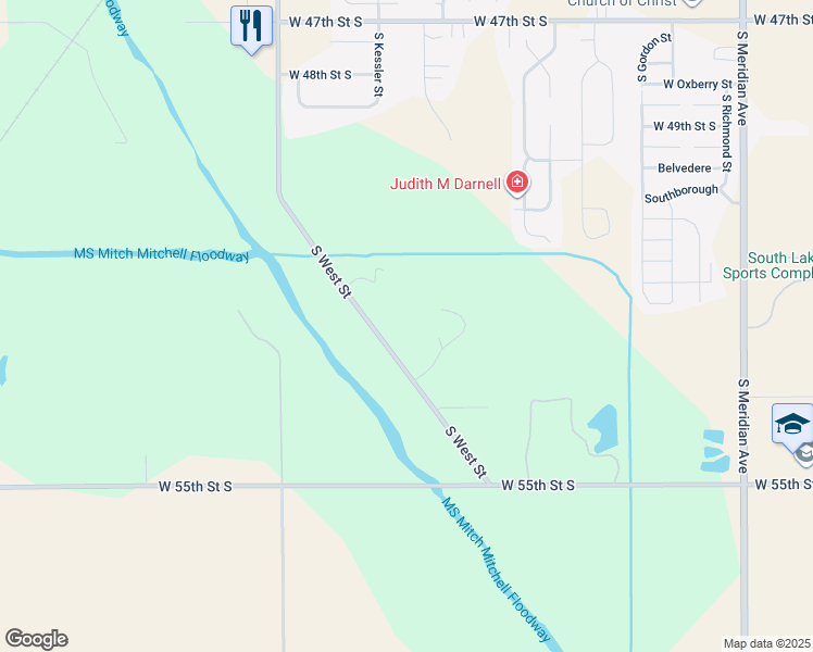 map of restaurants, bars, coffee shops, grocery stores, and more near 5300 1/2 South West Street in Wichita
