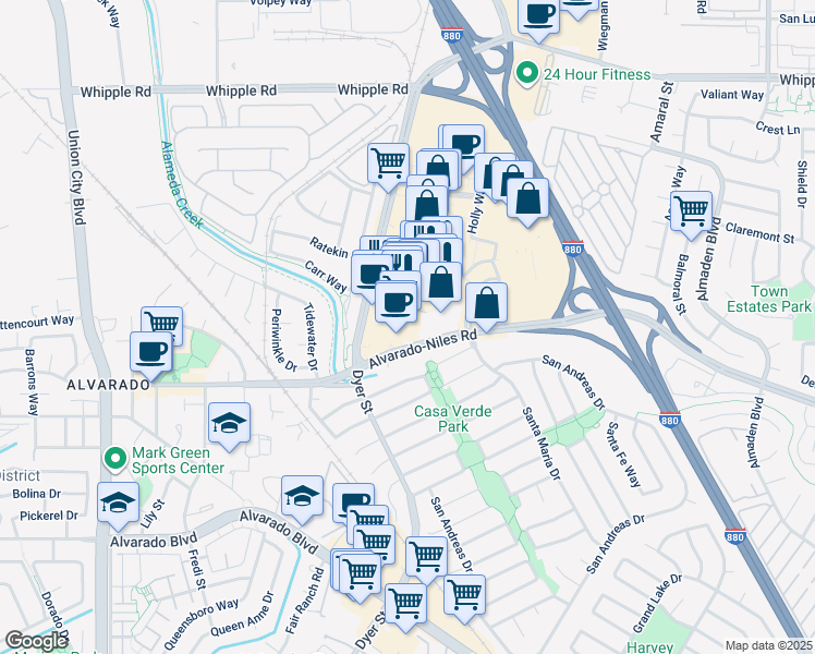 map of restaurants, bars, coffee shops, grocery stores, and more near 32200 Dyer Street in Union City