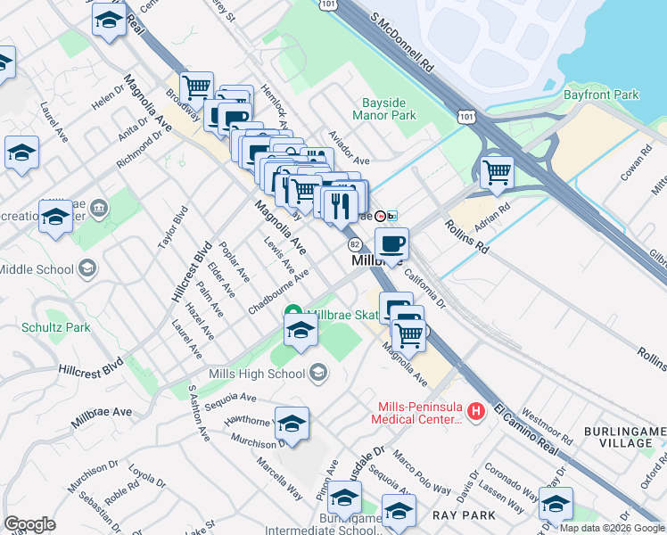 map of restaurants, bars, coffee shops, grocery stores, and more near 100 Broadway in Millbrae