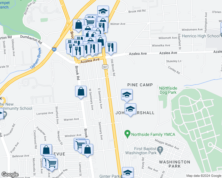 map of restaurants, bars, coffee shops, grocery stores, and more near 4807 Chamberlayne Avenue in Richmond