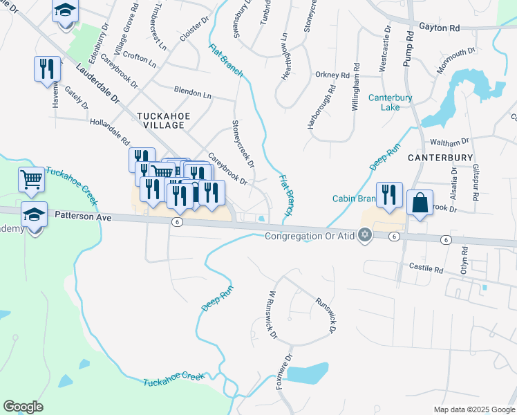 map of restaurants, bars, coffee shops, grocery stores, and more near 1222 Careybrook Drive in Henrico