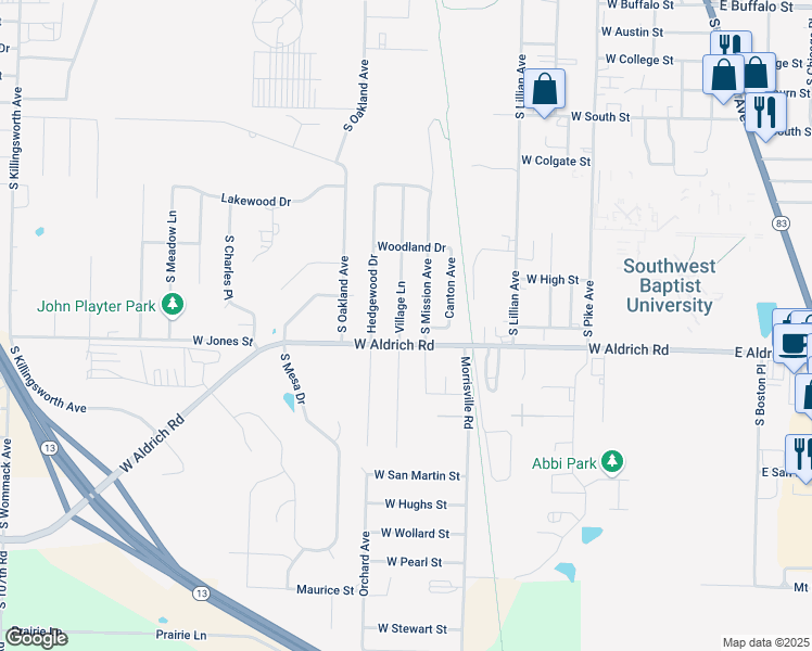 map of restaurants, bars, coffee shops, grocery stores, and more near 1740 South Village Lane in Bolivar