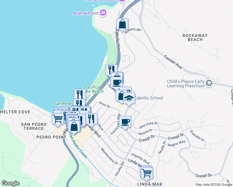 map of restaurants, bars, coffee shops, grocery stores, and more near 580 Crespi Drive in Pacifica