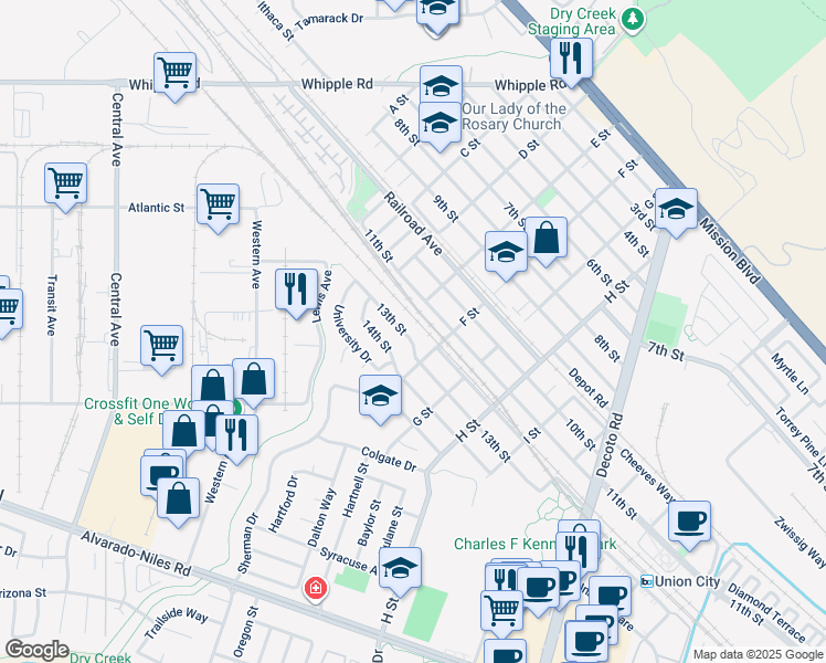 map of restaurants, bars, coffee shops, grocery stores, and more near 33528 13th Street in Union City