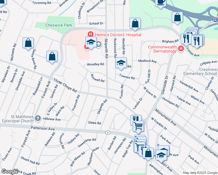 map of restaurants, bars, coffee shops, grocery stores, and more near 1401 Skipwith Road in Richmond