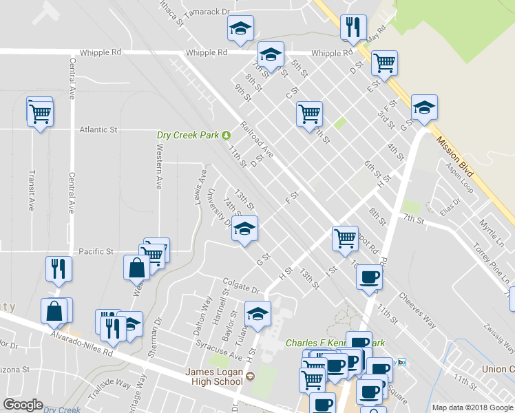 map of restaurants, bars, coffee shops, grocery stores, and more near 33528 13th Street in Union City