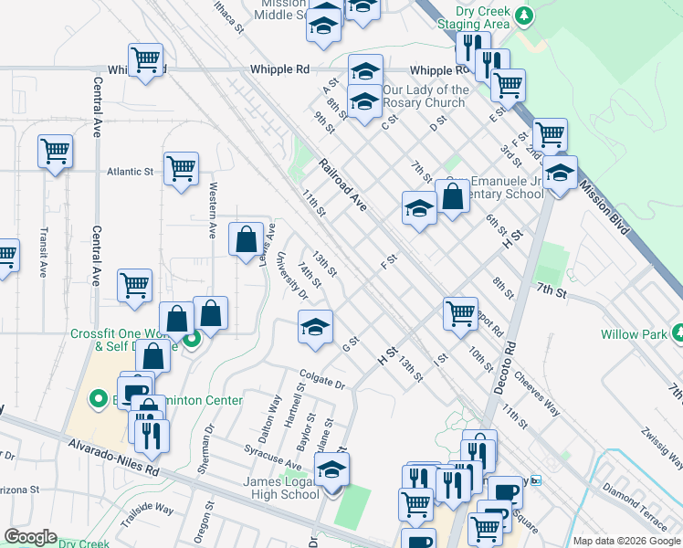 map of restaurants, bars, coffee shops, grocery stores, and more near 33528 13th Street in Union City