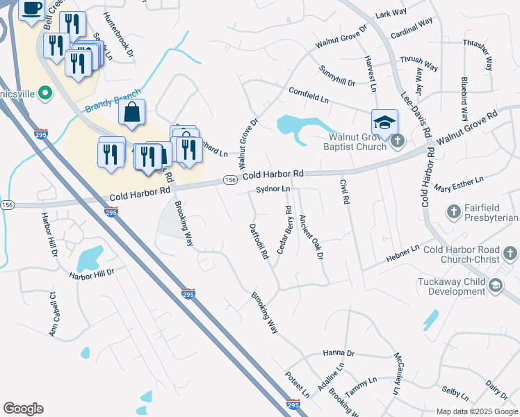 map of restaurants, bars, coffee shops, grocery stores, and more near 7110 Cornthwaite Court in Mechanicsville