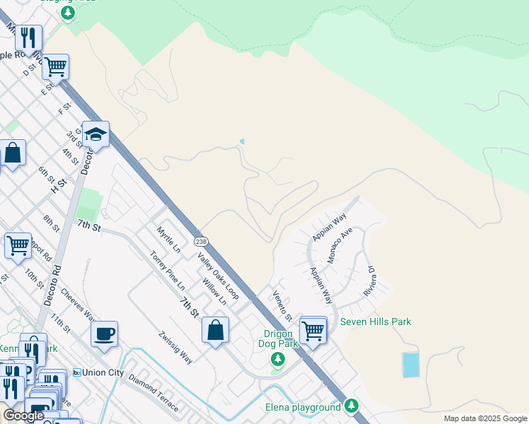 map of restaurants, bars, coffee shops, grocery stores, and more near 34400 Mission Boulevard in Union City