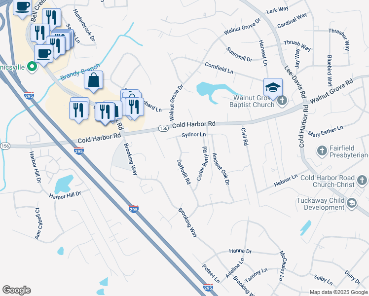 map of restaurants, bars, coffee shops, grocery stores, and more near 7110 Cornthwaite Court in Mechanicsville