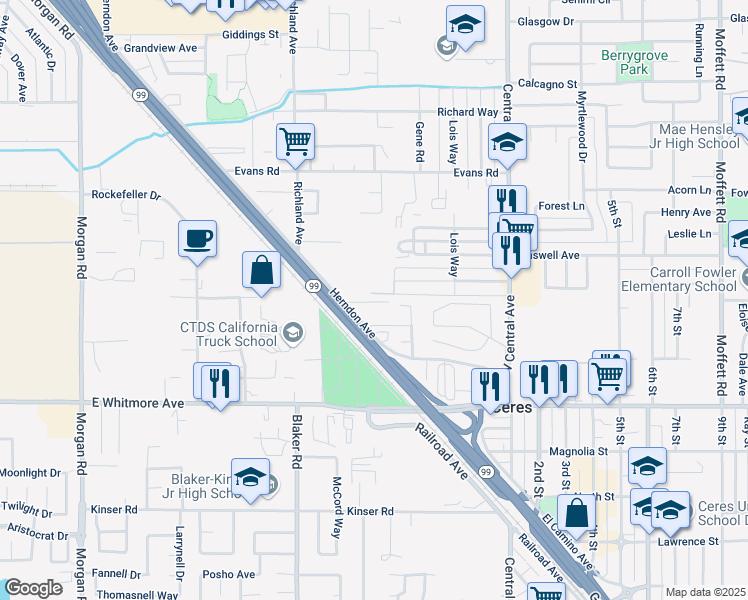 map of restaurants, bars, coffee shops, grocery stores, and more near 2118 Herndon Road in Ceres