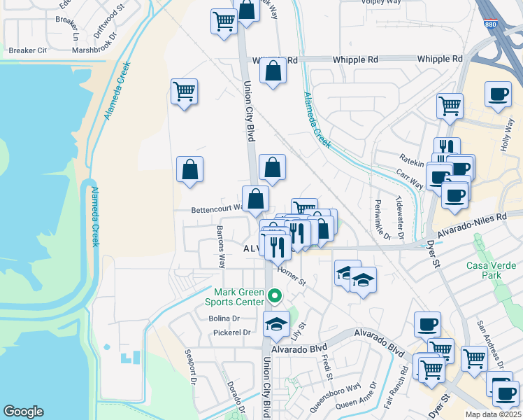 map of restaurants, bars, coffee shops, grocery stores, and more near 30720 Union City Boulevard in Union City