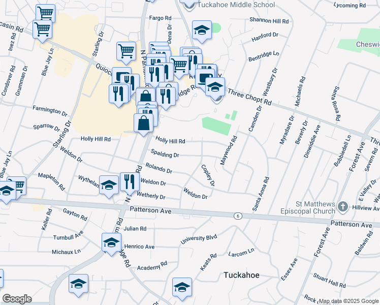 map of restaurants, bars, coffee shops, grocery stores, and more near 8506 Spalding Drive in Richmond