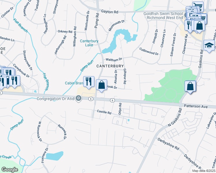 map of restaurants, bars, coffee shops, grocery stores, and more near 10505 Walbrook Drive in Henrico