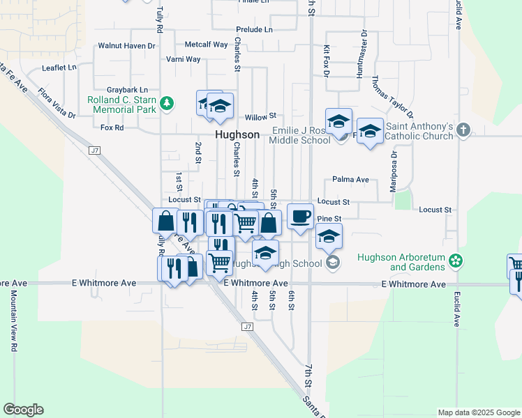 map of restaurants, bars, coffee shops, grocery stores, and more near 2148 4th Street in Hughson