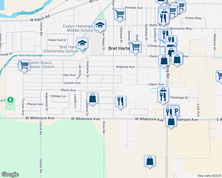 map of restaurants, bars, coffee shops, grocery stores, and more near 712 Lassen Avenue in Modesto