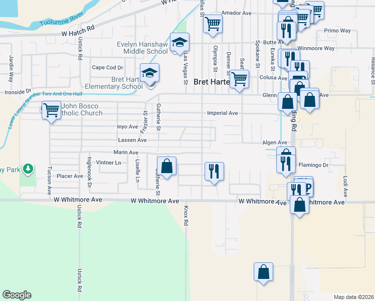 map of restaurants, bars, coffee shops, grocery stores, and more near 712 Lassen Avenue in Modesto