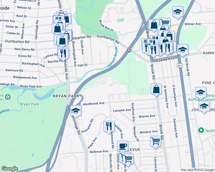 map of restaurants, bars, coffee shops, grocery stores, and more near Interstate 95 in Richmond