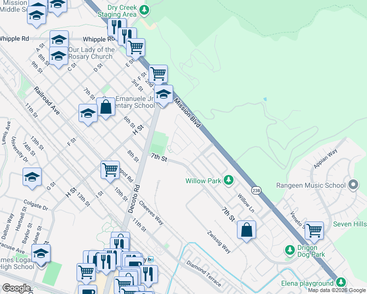 map of restaurants, bars, coffee shops, grocery stores, and more near 34183 Valle Drive in Union City
