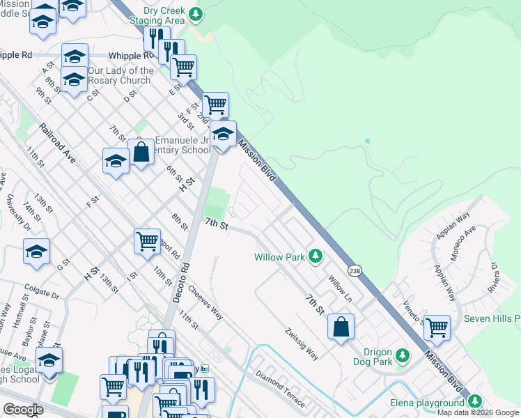 map of restaurants, bars, coffee shops, grocery stores, and more near 204 Elias Drive in Union City