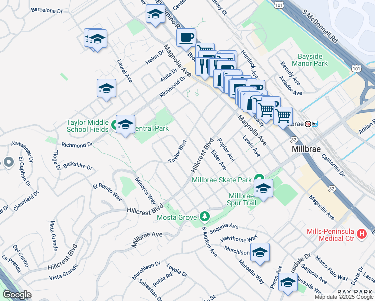 map of restaurants, bars, coffee shops, grocery stores, and more near 350 Hazel Avenue in Millbrae