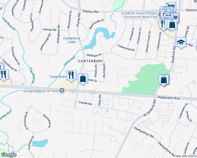 map of restaurants, bars, coffee shops, grocery stores, and more near 1201 Alsatia Drive in Richmond