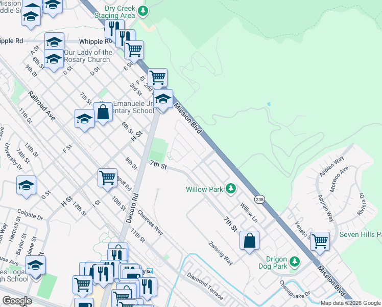 map of restaurants, bars, coffee shops, grocery stores, and more near 204 Elias Drive in Union City