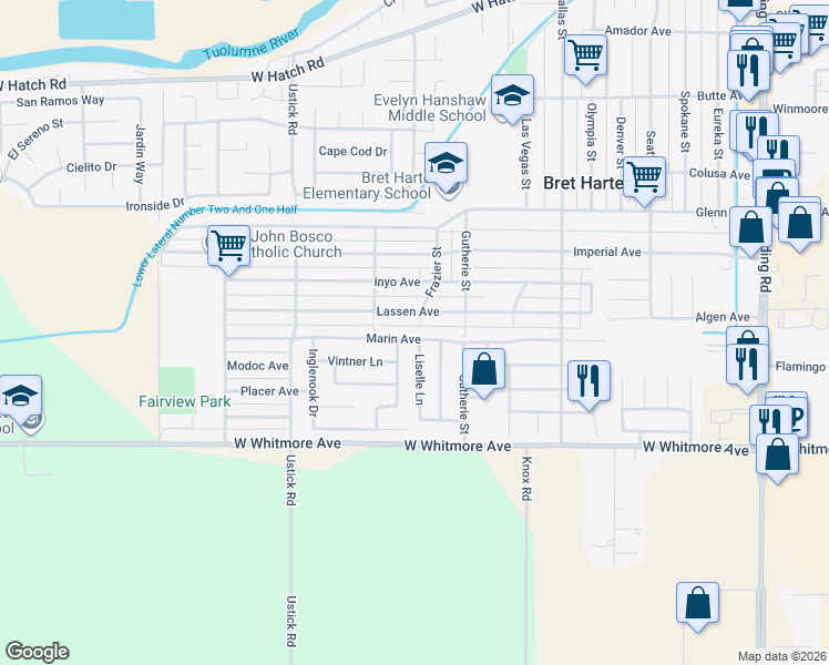 map of restaurants, bars, coffee shops, grocery stores, and more near 1001 Marin Avenue in Modesto