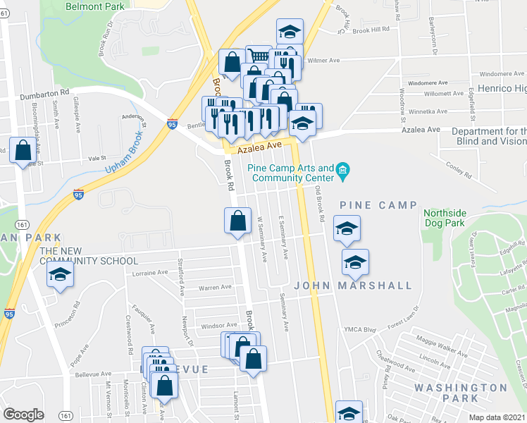 map of restaurants, bars, coffee shops, grocery stores, and more near 4819 West Seminary Avenue in Richmond