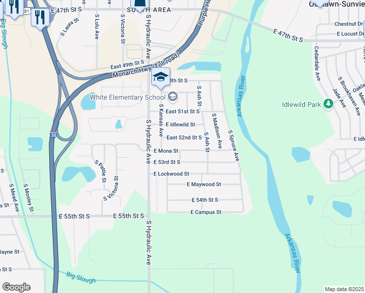 map of restaurants, bars, coffee shops, grocery stores, and more near 1929 East 52nd Street South in Wichita