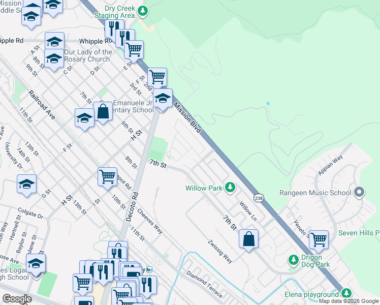 map of restaurants, bars, coffee shops, grocery stores, and more near 204 Elias Drive in Union City