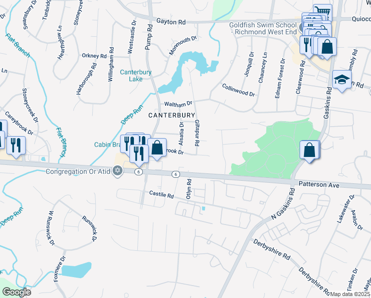 map of restaurants, bars, coffee shops, grocery stores, and more near 1201 Alsatia Drive in Richmond