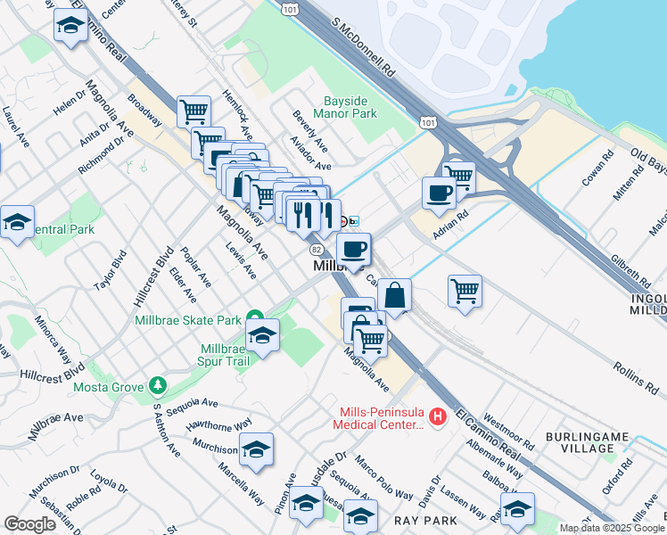 map of restaurants, bars, coffee shops, grocery stores, and more near in Millbrae