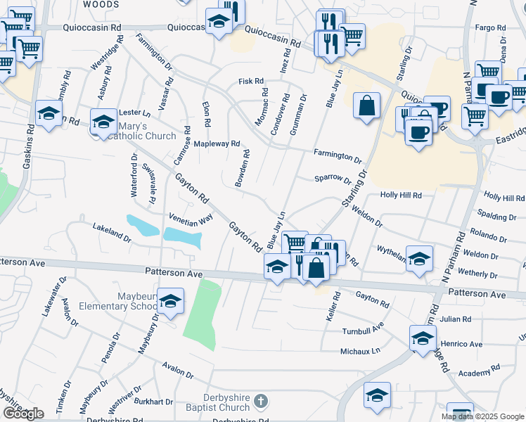 map of restaurants, bars, coffee shops, grocery stores, and more near 1201 Mapleton Circle in Richmond