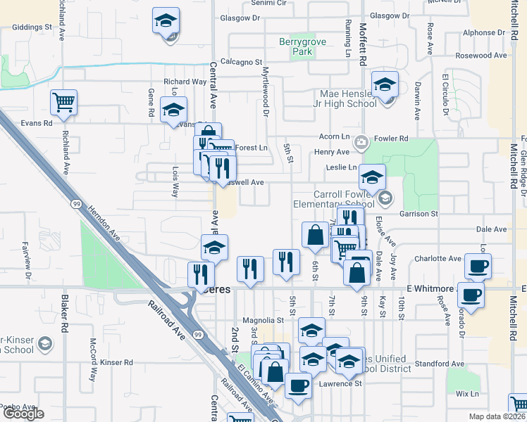 map of restaurants, bars, coffee shops, grocery stores, and more near 2013 4th Street in Ceres
