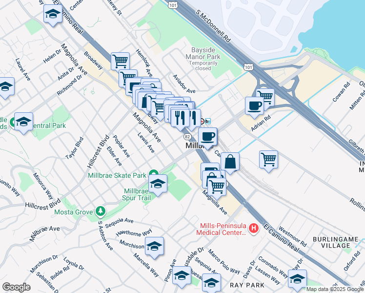 map of restaurants, bars, coffee shops, grocery stores, and more near 113 El Camino Real in Millbrae